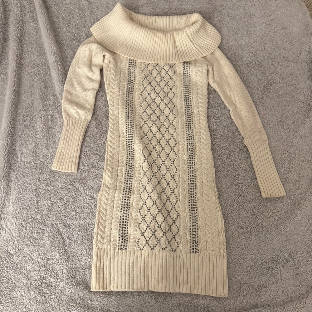 Bebe Off the Shoulder Cable Knit Sweater Dress